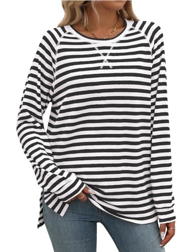 Image of Flikity T Shirts for Women UK Casual Crew Neck Blouses Striped Sweatshirt Women Long Sleeve Top Ladies Going Out Tops Tunics for Leggings Spring Autumn Winter Clothes L