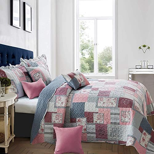 Image of B&B Double Quilt Coverlet Reversible 100% Cotton Quilted Bedspread Throw Set for Bedroom Decor + 2 Pillow Sham- Beautiful Floral Vintage Design (Fine Decor)