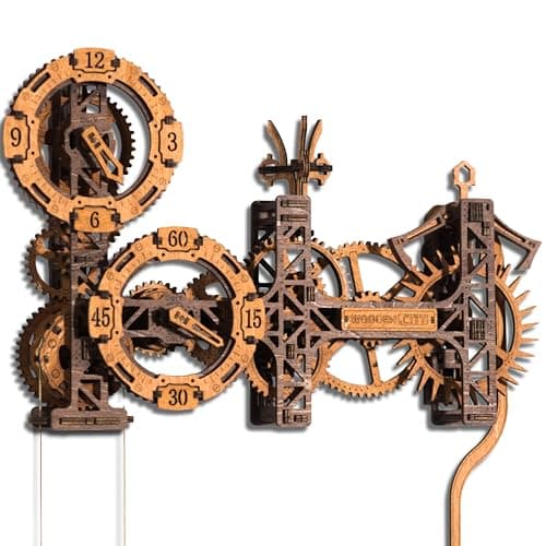 Image of WOODEN.CITY Steampunk Gearworks 3D Wooden Puzzle Clock – DIY Mechanical Wall Clock Building Kit for Adults – Working Gear Clock Model – Steampunk Home Décor Gift for Hobbyists (Dark Brown)