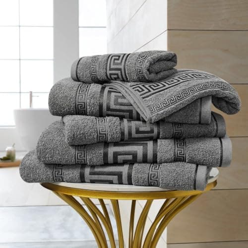 Image of NIMORA Regent Greek Towels Set – 100% Egyptian Cotton Soft & Absorbent Bathroom Towel Bale with Greek Key Border – Premium Quality Hand Towels & Bath Sheets (Charcoal, 2 × Jumbo Bath Sheets)