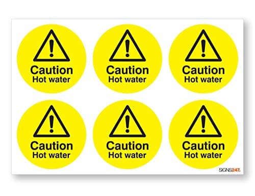 Image of Caution Hot Water Safety Stickers Sign - 6 Pack Self Adhesive 65mm Diameter Vinyl Signs