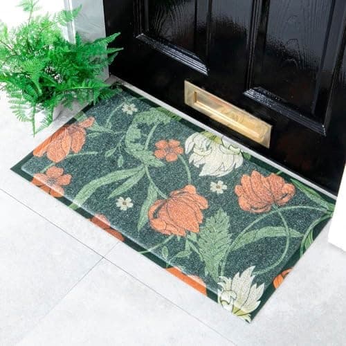 Image of Artsy Mats William Morris Red Flower Pattern - Decorative Heavy Duty Doormats - Washable Dirt Trapper Non Slip Mats, 90x60cm