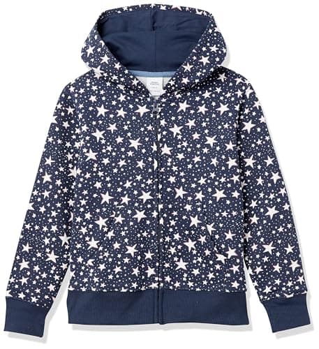 Image of Amazon Essentials Girls' Fleece Zip-Up Hoodie Sweatshirt, Navy Stars, 8 Years