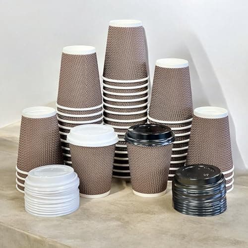 Image of HOT BARGAINS 12oz Disposable Coffee Cups, 360ml Triple Layered Kraft Paper Cups, Brown and White Ripple Design, 500 Count