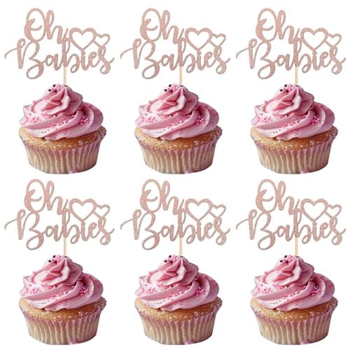 Image of SYKYCTCY 24 Pack Oh Babies Cupcake Toppers with Glitter Heart Twin Baby Shower Cupcake Picks Celebrating Kids Birthday Baby Shower Party Cake Decorations Rose Gold