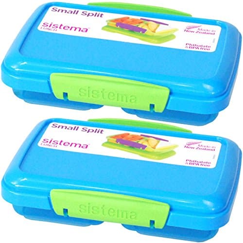 Image of Sistema® Small Split Plastic Snack Fruit Breakfast Lunch Box Food Storage with Locking Clip Lid 350ml (Blue, 4)