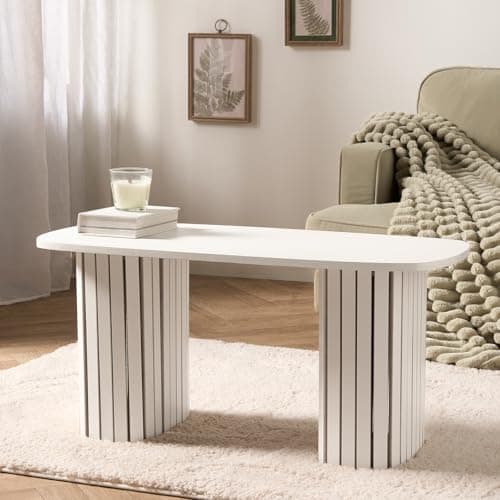 Image of OHS Small Centre Table Living Room, Wooden Coffee Table for Home Office Madison Ribbed Wood Frame Decorative Coffee Tables for Living Room, Cream - 85 x 40 x 41cm