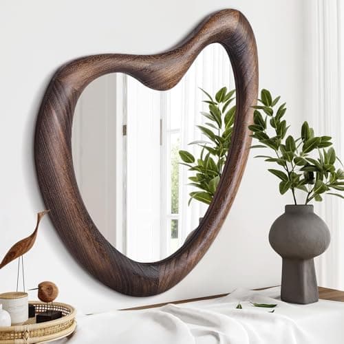 Image of HLFMVWE Irregular Wall Mirror Wood Frame, Asymmetrical Large 65 x 45cm Wall Mounted Accent, Modern Decorative for Bathroom Vanity Living Room Bedroom Hallway Entryway, Rustic Brown