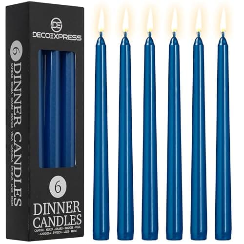 Image of DECO EXPRESS Candles Set, Pack of 6 Classic Dripless Tapered Metallic Dinner Candles, Unscented with 8 Hours Burning Time, Home, Valentine’s Day & Mother’s Day Decor Idea (Metallic Blue, 6 Pack)