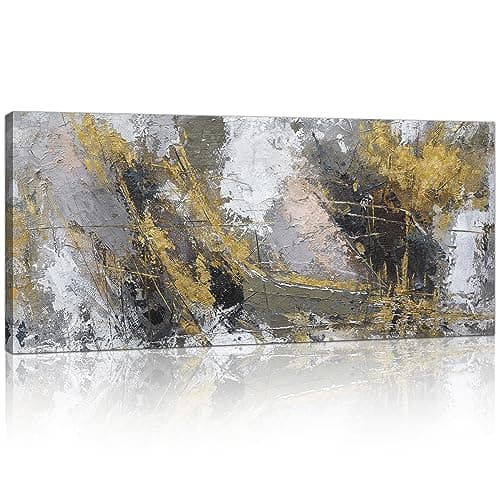 Image of FajerminArt Large Framed Canvas Wall Art Abstract Yellow Grey Painting on Canvas Prints Picture Poster for Living Room Bedroom Wall Decor Ready To Hang 20" x 48"/ 120cm x 50cm