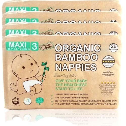 Image of Beaming Baby Organic Bamboo Nappies - Size 3 (7-11 kg / 16-25 lbs), 4 X 26 Nappies (104 Total) | Monthly Pack, Ultra Soft Nappies for Sensitive Skin | Give Your Baby The Healthiest Start to Life