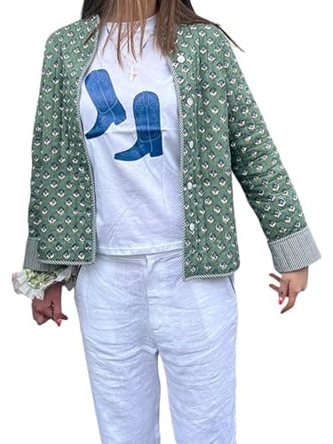 Image of SANSIWU Women Floral Print Quilted Jacket Vintage Button Down Loose Fit Lightweight Puffer Coat Boho Embroidered Jacket Outerwear (Green, M)