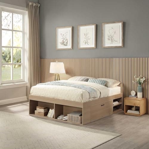 Image of Home Treats Small Double Wooden Platform Bed Frame with Storage Compartments | Oak Bed with 4 120cm Acoustic Wall Panels