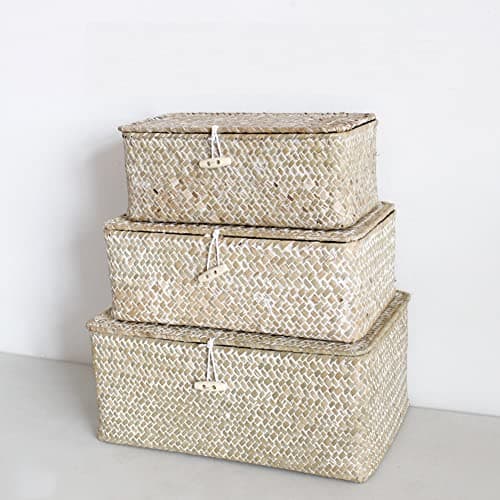 Image of HAPYFURN Seagrass Storage Basket with Lid Rectangular Box for Toys Clothes Books Keys Natural Rattan Woven Multifunctional Makeup Organizer Set of 3 Shelf Basket (Small/Medium/Large)