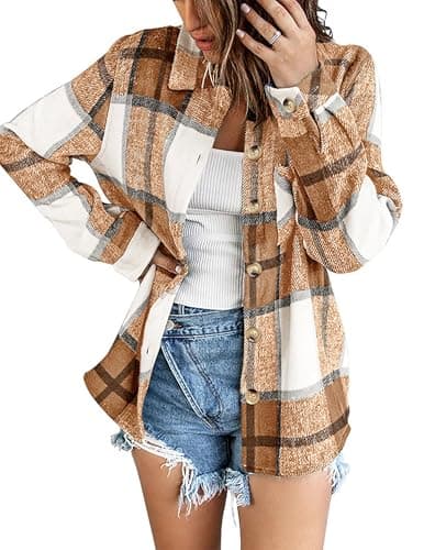 Image of Zeagoo Ladies Oversized Shirts Checked Shirt Long Sleeve Flannel Shirt for Women Collar Button-Down Top with Chest Pocket Basic Shacket Brown XXL
