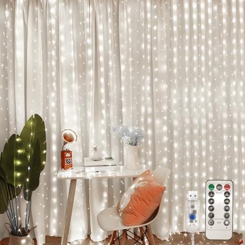 Image of Jsdoin Curtain Fairy Lights, 3.6m x 3m 360leds USB Operated 8 Modes String Light Indoor Waterproof Hanging Window Lights with Hooks for Christmas, Wedding, Party,Wall, Home Decorations (Cool White)