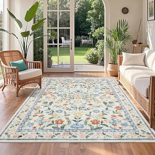 Image of CAROMIO 120x170 cm Machine Washable Floral Rug, Non-Slip Living Room Soft Area Rug, Foldable Farmhouse Carpet for Bedroom, Dining Room and Nursery, Green