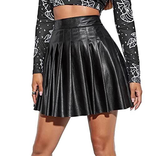 Image of IWEMEK Sexy Women PU Faux Leather Pleated Skater Skirt High Waist Metallic Glitter Liquid Wet Look Ruffle Flared A-line Tennis RARA Skirts Casual Party Dance Gothic Cheerleader Costume #A: Black XL