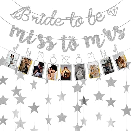 Image of Wylario Bride To Be Decorations - Silver Miss To Mrs Glitter Bunting Photo Banner, 4 Meter Long Reflective Star Paper Garland, Engagement Wedding Bachelorette Bridal Shower Hen Do Party
