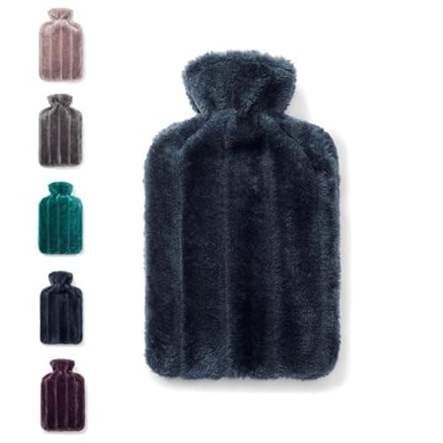 Image of Brevian® 2 Litre Large Hot Water Bottle with Soft Luxury Faux Fur Cover UK (Midnight Blue, Regular)