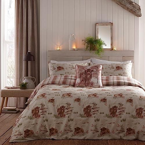 Image of Dreams & Drapes Highland Cow Duvet Cover Set – Super King Bedding Size (260 x 220cm) – 100% Brushed Cotton – Red Check Tartan – 2 Pillowcases – Terracotta Farm Animal Bedding – Woodland Theme