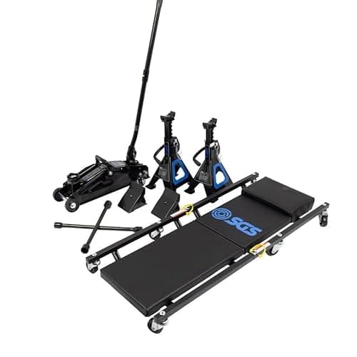 Image of SGS 2 Tonne Trolley Jack 5pc Combo Set, Axle Stands, Creeper, Chocks & Wrench
