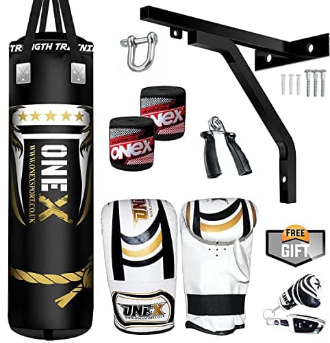 Image of ONEX Heavy Filled Boxing Punch Bag Set Gloves Bracket MMA Pad Punching Kick Bag 13Pcs 3ft – 4ft - 5ft With Straps (Black, 4ft)