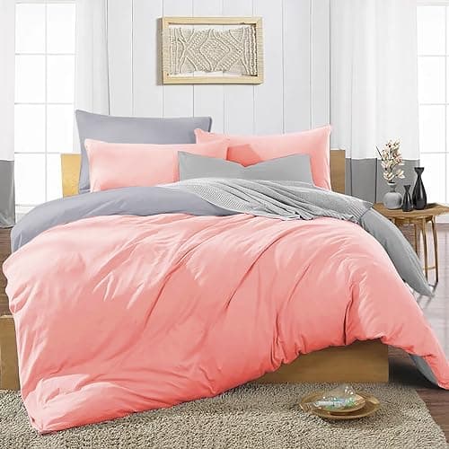 Image of Ev Dekor® Duvet Cover Set King Grey Pink - Soft Microfibre Polyester Plain Dyed Reversible Double Duvet Set with Pillow cases - Bedding Quilt Covers Bedsheets