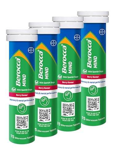 Image of Berocca Mind Effervescent Tablets Including B Vitamins, with Spanish Sage to Support Memory and Mental Performance - 15 Tablets x 4 Pack - Berry Flavour