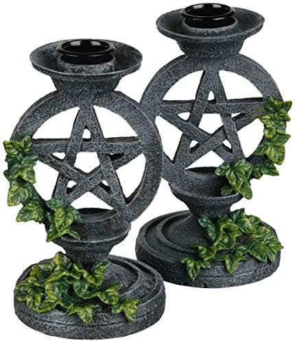 Image of Aged Pentagram Candlesticks Set of 2 13.4cm – Gothic Ivy Pentagram Candle Holders, Hand-Painted Resin Altar Decor