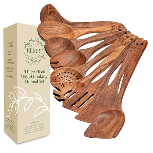 Image of Premium 9 Piece Teak Wooden Utensil Set – Wooden Kitchen Utensils Set for Cooking, Non-Toxic, Heat Resistant, Wooden Spoons for Cooking, Non-Stick Safe Cooking Tools