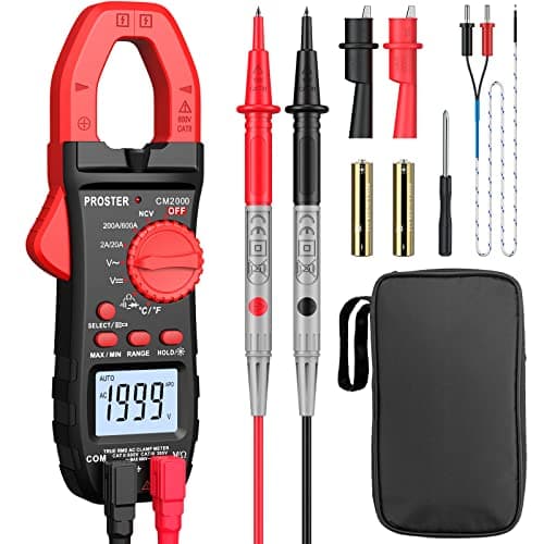 Image of Proster Auto-Ranging Clamp Meter Multimeter - TRMS 2000 Counts Amp Clamp 600A AC Current, 600V AC/DC Voltage, NCV, Temperature, Diode with Backlit, Test Leads & Alligator Clips