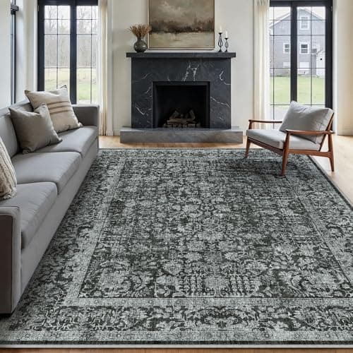 Image of HUGEAR Vintage Black Rugs Living Room Washable Non Slip Large Area Rug 240x300cm Bedroom Kitchen Hall Lounge Office Dining Room Indoor Carpet Low Pile Big Carpets