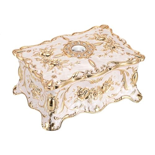 Image of IGNPION Vintage Jewellery Box Jewelry Display Case for Ring Necklaces Earrings Trinket Storage Organizer Case Antique Silver Mini Keepsake Box (Beige, M)