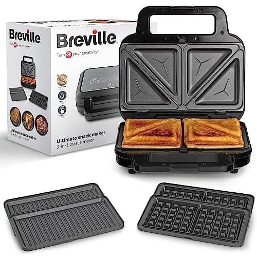 Image of Breville 3-in-1 Ultimate Snack Maker | Deep Fill Toastie Maker, Waffle Maker & Panini Press | Removable Non-Stick Plates | Black & Stainless Steel [VST098] | UK Plug
