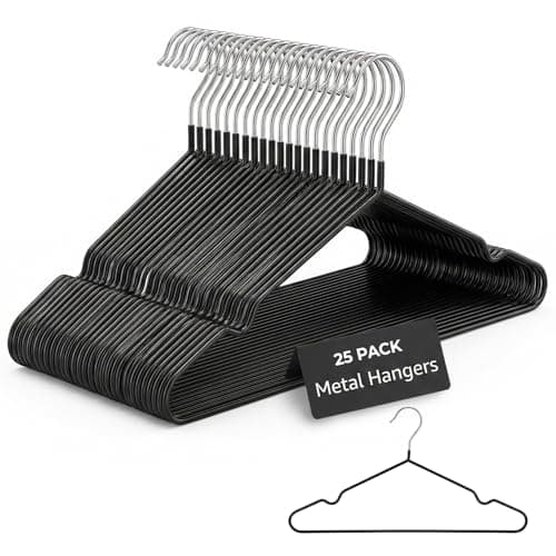 Image of Rainberg 25 Pack Premium Rubber Coated Metal Hangers, Heavy Duty, Space Saving Organiser Clothes Hangers For Wardrobes, Coat Rack Rails Thin and Non-Slip Black (25 Pack)