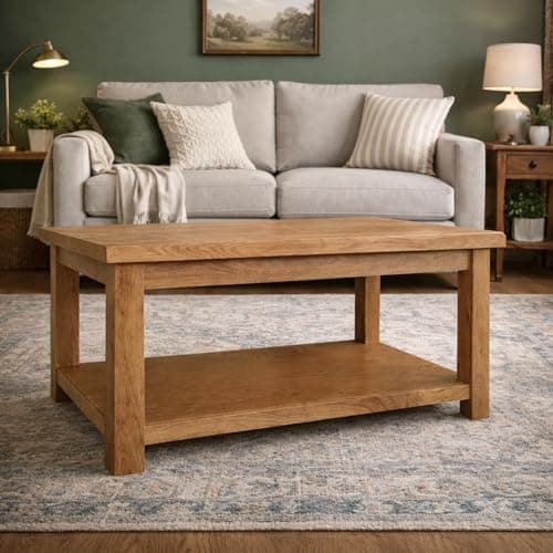 Image of Oakcroft Coffee Table – Rustic Solid Wood Living Room Table with Lower Shelf – Modern Rustic Design – Easy Home Assembly Boxed