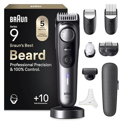 Image of Braun Series 9 Beard Trimmer for Men, 10-in-1 Grooming Kit for Beard, & Face Hair, Lifetime Sharp ProBlade, 52 Lengths, 180 Min Runtime, Waterproof, Chrome - BT9545