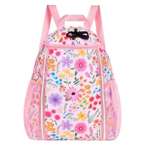 Image of WAWSAM Drawstring Bags for Kids with Reflective Strip, Flower Gym Bag for Girls, Waterproof Swim Bag for Swimming Beach String Cinch Backpack with Two Mesh Water Bottle Pocket