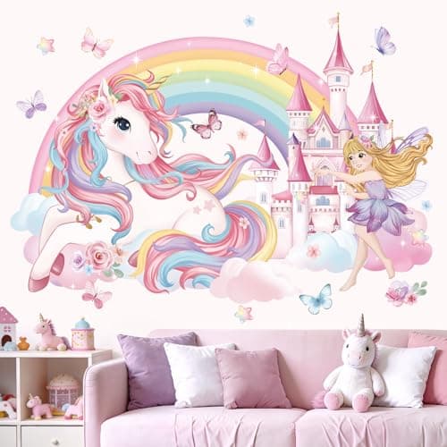 Image of wondever Unicorn Rainbow Wall Stickers Pink Fairy Castle Flower Butterfly Stars Peel and Stick Wall Art Decals for Baby Nursery Kids Room Girls Bedroom