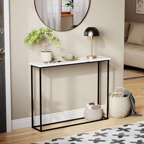Image of Vida Designs Narrow Console Table 100cm | Slim Hallway Table for Small Spaces | Industrial Metal Frame & Wood Effect Top | Modern Entryway/Sofa Table | Easy Assembly | White Marble & Black