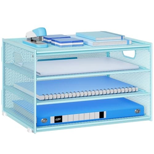 Image of Marbrasse Desk Organiser,4 Tier Mesh Letter Tray with Handle,Magazine File Holder,Letter Paper Document Storage Rack,Filing Trays Organiser for Office Home School (Blue)