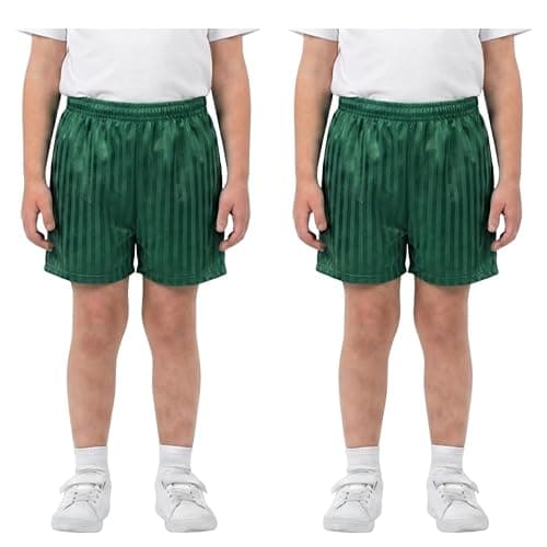 Image of Pack of 2 Unisex PE Shorts Kids Boys Girls Adults School Sports Shadow Stripe Elasticated Waist Drawstring Gym Football Games Uniform Shorts Made in UK Green 3-4 Years