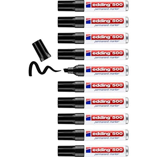 Image of Edding 500 Permanent Marker - Black - 10 Pens - Chisel Tip 2-7 mm - Waterproof, Quick-Drying, Smear-Proof Pens - for Cardboard, Plastic, Wood, Metal, Glass and Fabric 500-001