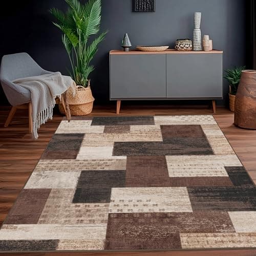 Image of Calinline Modern Geometric Patchwork Indoor Area Rug for Living Room, Chocolate 160x230 cm Large Bedroom Rug Rockwood Collection Hardwood Floors Decor, Brown Carpet for Office Entryway Dining Room