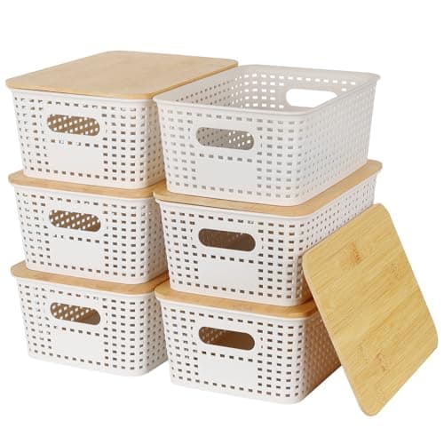 Image of Nymblis 6Pcs Storage Box with Lid, Plastic Stackable Storage Baskets with Bamboo Lids, Plastic Storage Bins Containers for Kitchen Bathroom Cabinets Organization (25.4x18.4x10.7cm)
