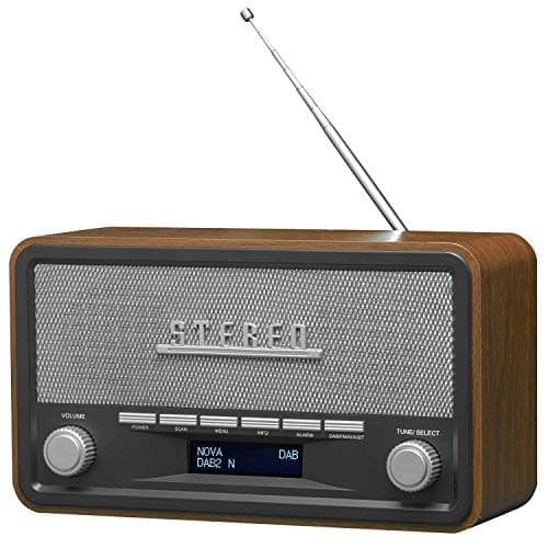 Image of Denver DAB-18 Vintage Style Stereo DAB/DAB+ & FM Radio – Real Wood Cabinet, Bluetooth, Clock Radio Alarm, AUX IN for Smart Phone/Tablet / MP3 Player – Mains or Battery
