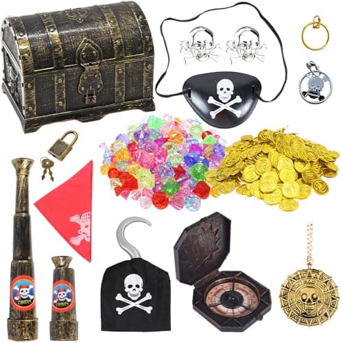 Image of Gobesty Pirate Treasure Chest Toy, Antique Color Children Pirate Gems Toys with 100g gemstones, 20plastic Gold Coins, Eyepatch, Compass, Telescope, Treasure Box for Kids Halloween Themed Party Favors