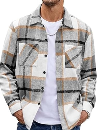 Image of EUDOLAH Men's Brushed Flannel Overshirt Vintage Plaid Long Sleeve Shirt Jacket Button Down Collar Casual Urban Style(L,Light Grey Plaid)