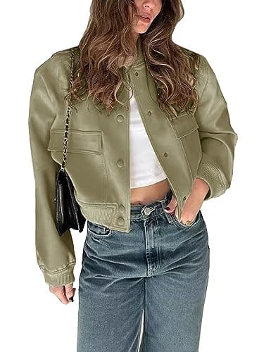 Image of Megfie Womens Cropped Bomber Jacket Button Down Varsity Jackets Shackets With Pockets, Green, XS